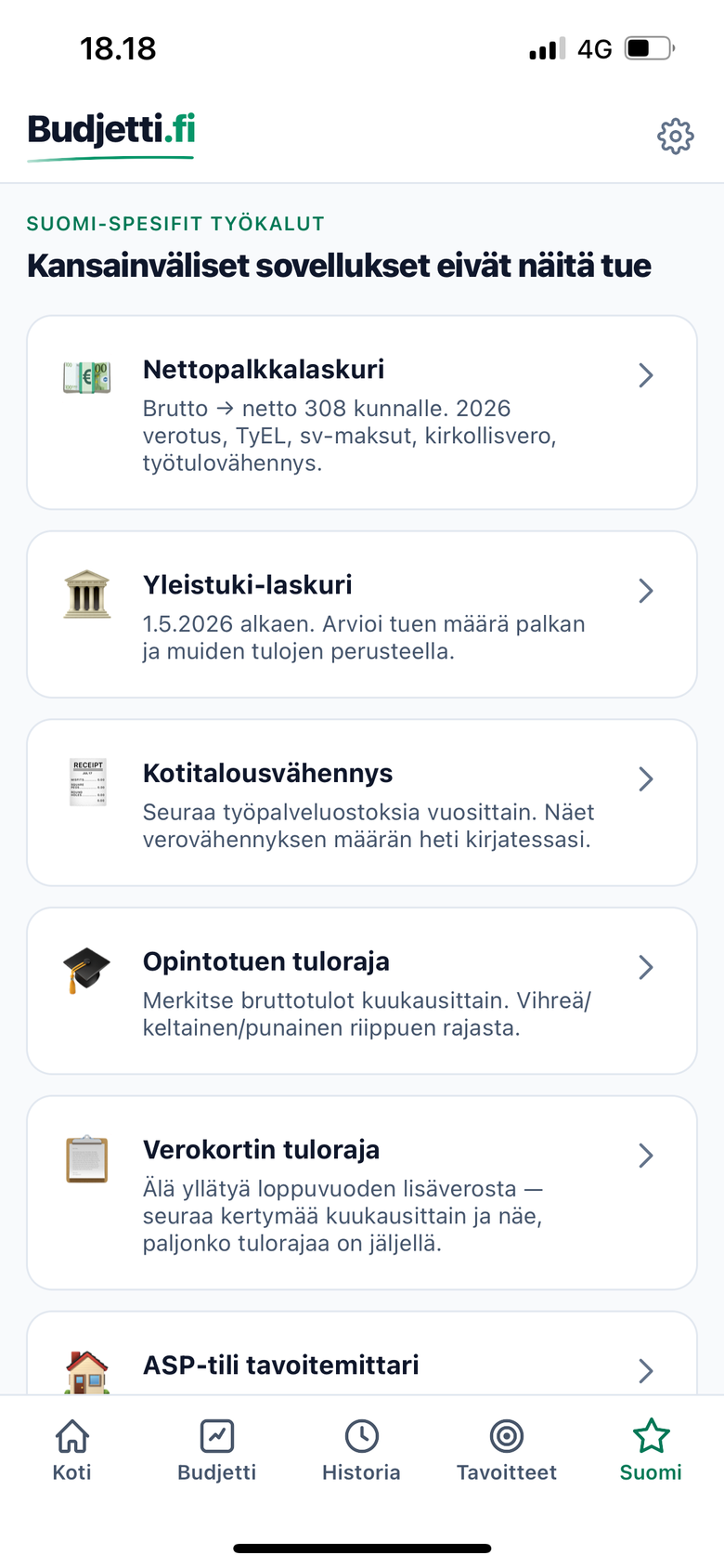 Suomenkielinen budjettisovellus Budjetti.fi: Suomi-laskurit kuten nettopalkka- ja yleistukilaskuri
